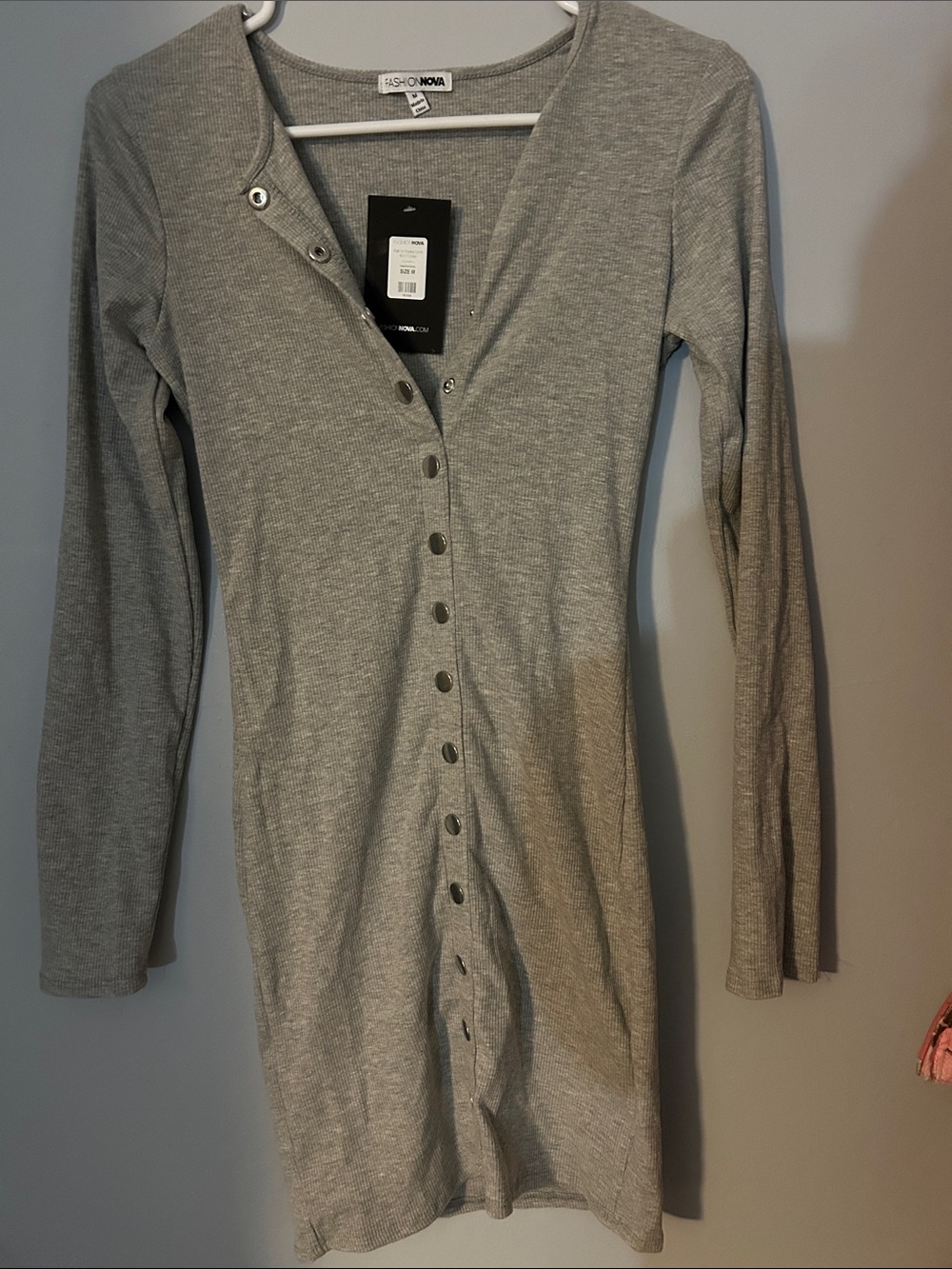Fashion Nova Light Gray Long Sleeve Button-Front Knit Dress